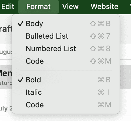 A screenshot of a menu with checkboxes